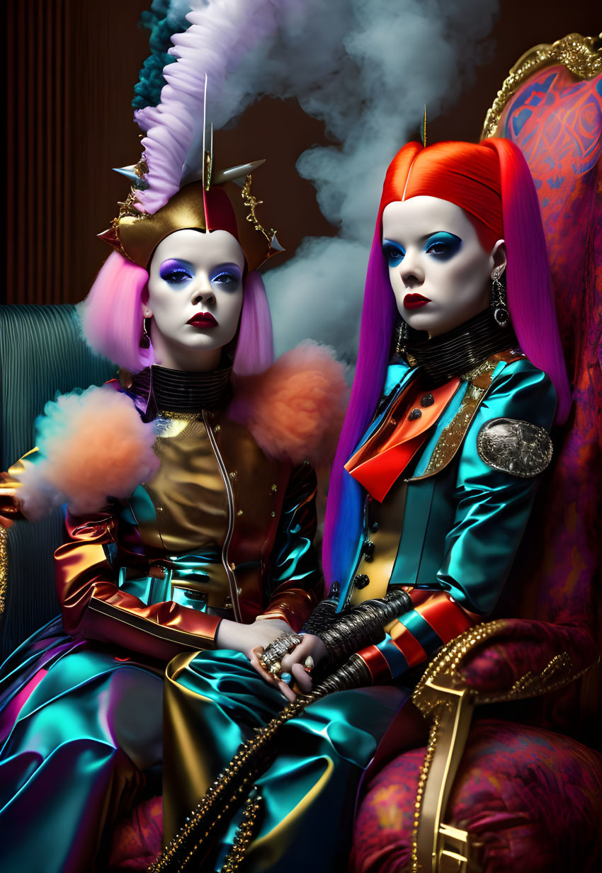 Futuristic women with vibrant hair and metallic clothing in regal and edgy poses