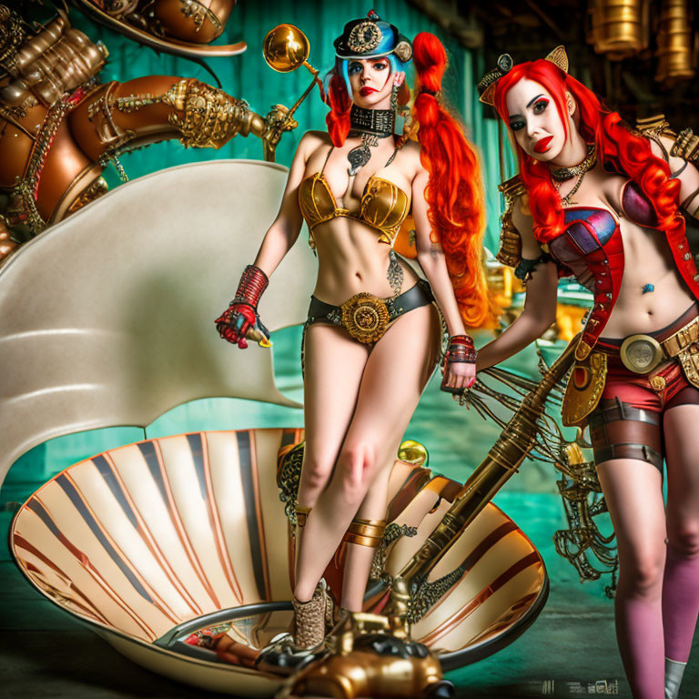 Two women in steampunk costumes with goggles and mechanical accessories next to a metallic shell.
