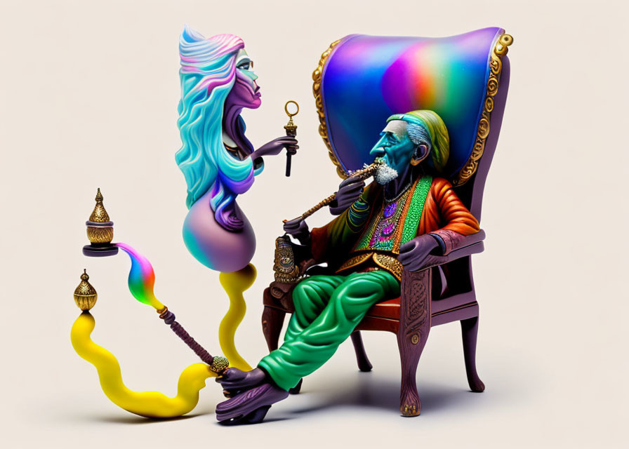 Vibrant image: Rainbow-haired entity and green-bearded figure with cane