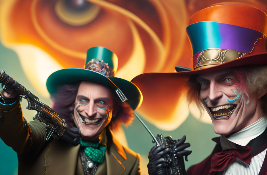 Colorful flamboyant characters with props in fiery backdrop