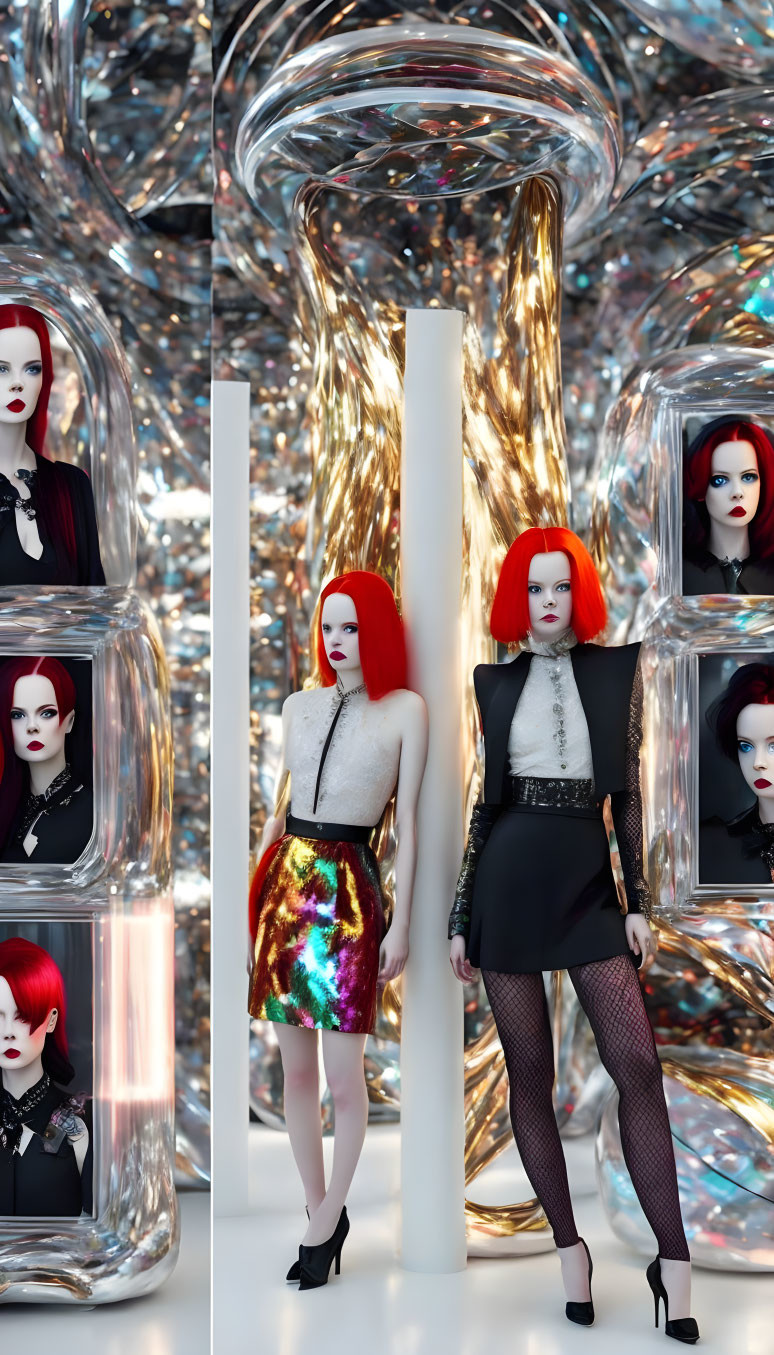 Mannequins with red hair and bold makeup in futuristic outfits with twisted pillars.