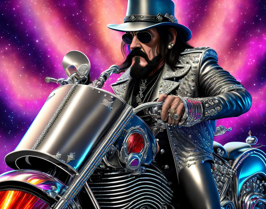Stylized illustration of bearded man on motorcycle in cosmic setting