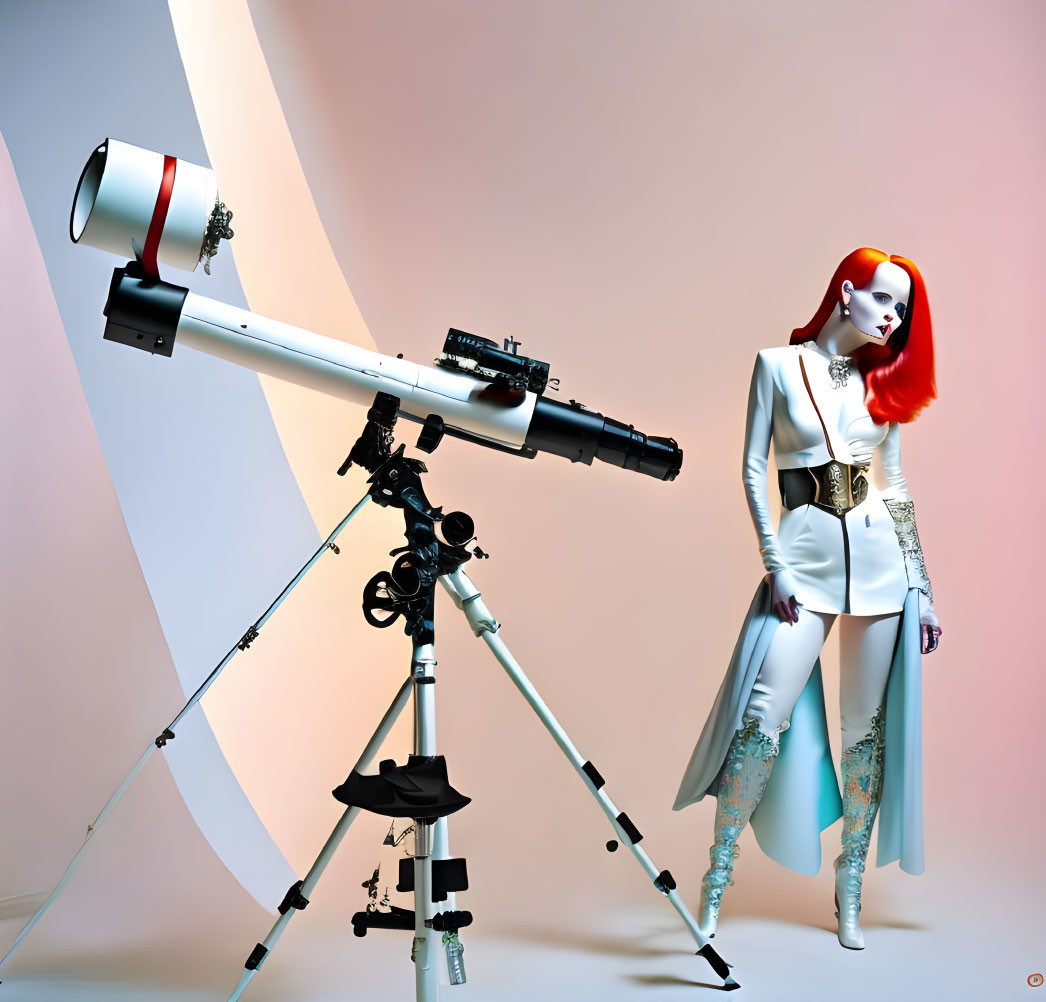 Red-haired mannequin in white outfit with blue floral patterns next to telescope in colorful setting