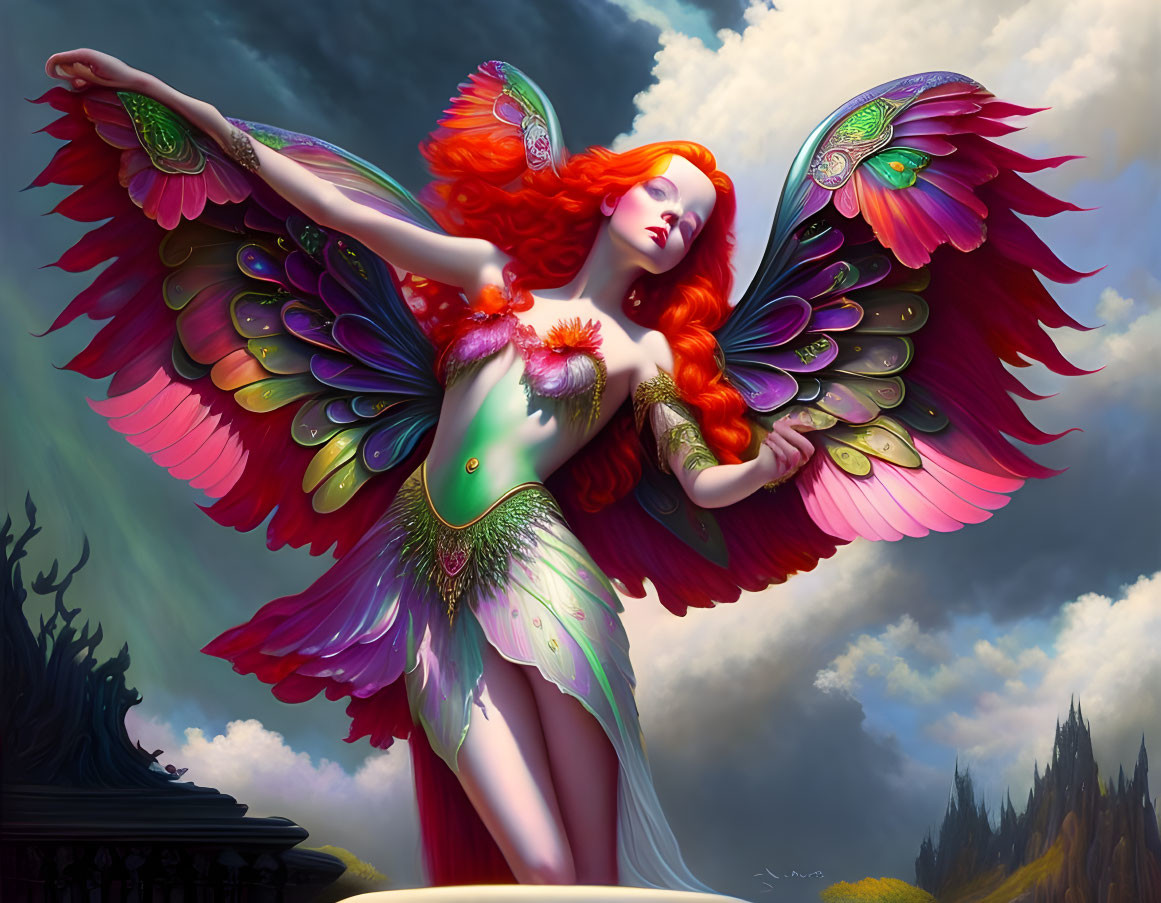 Fantastical winged figure with red hair in vibrant artwork