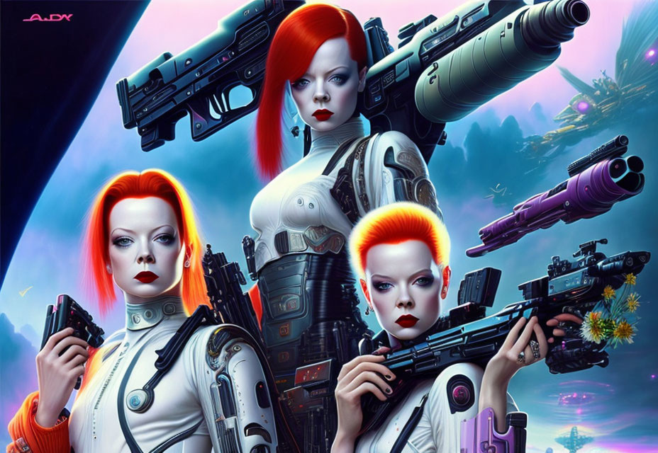Three Red-Haired Women in White Suits with Advanced Weapons in Cosmic Setting