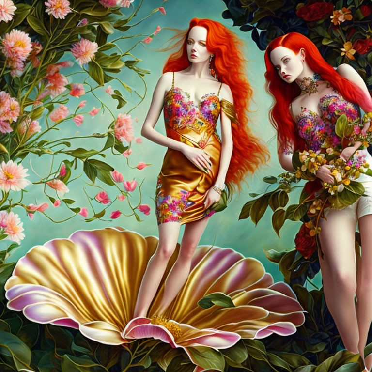 Two red-haired women in floral dresses with a giant clamshell in a pink flower setting