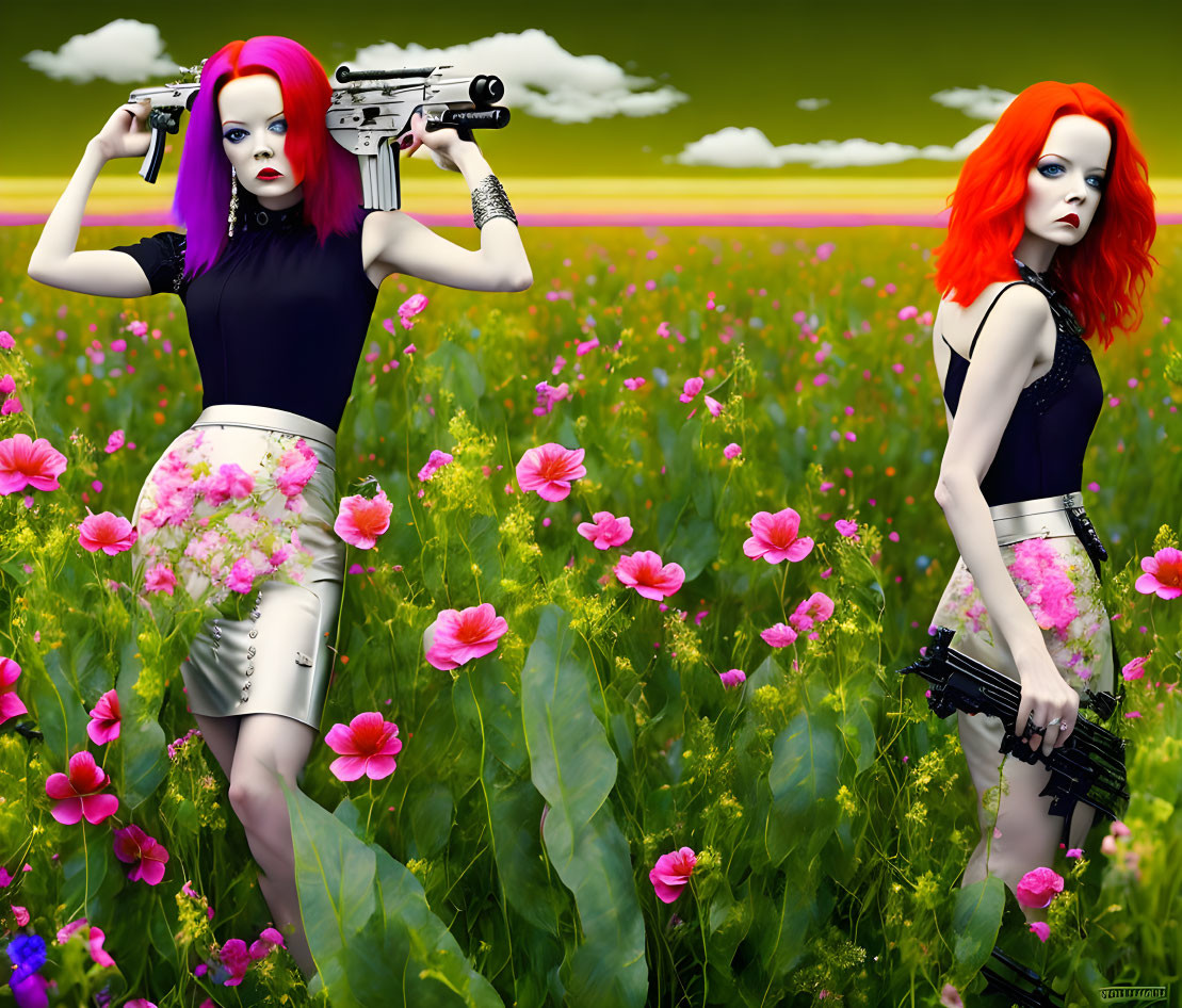Stylized female figures with red hair in futuristic outfits in colorful flower field