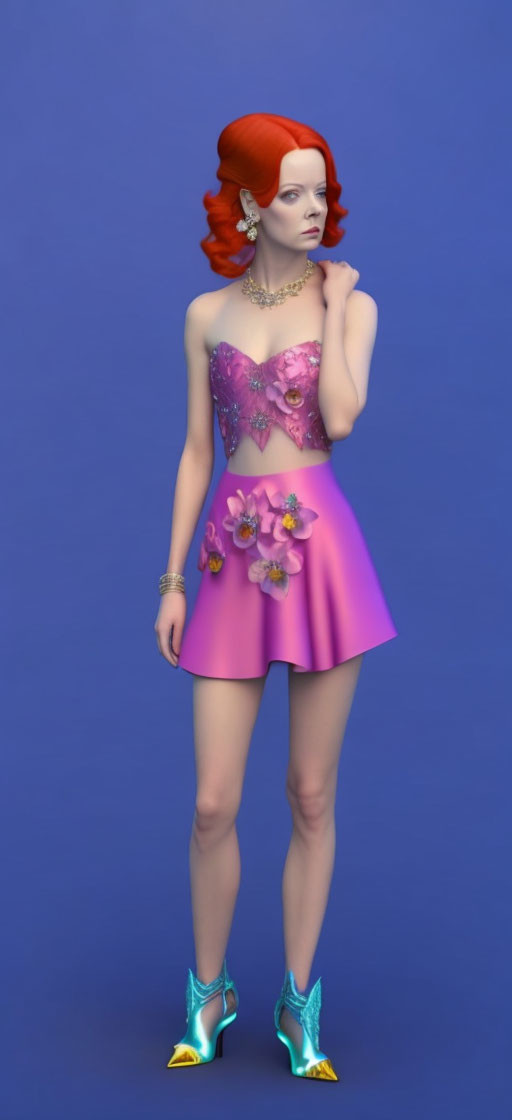 3D rendering of woman in pink floral bustier, short skirt, and metallic blue heels