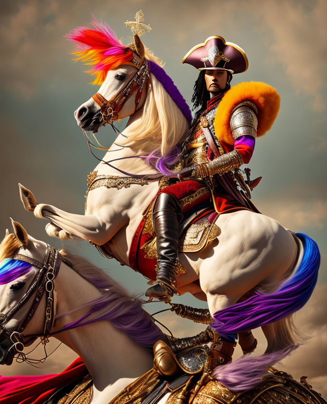 Elaborate historical armor figure on white horse under cloudy sky