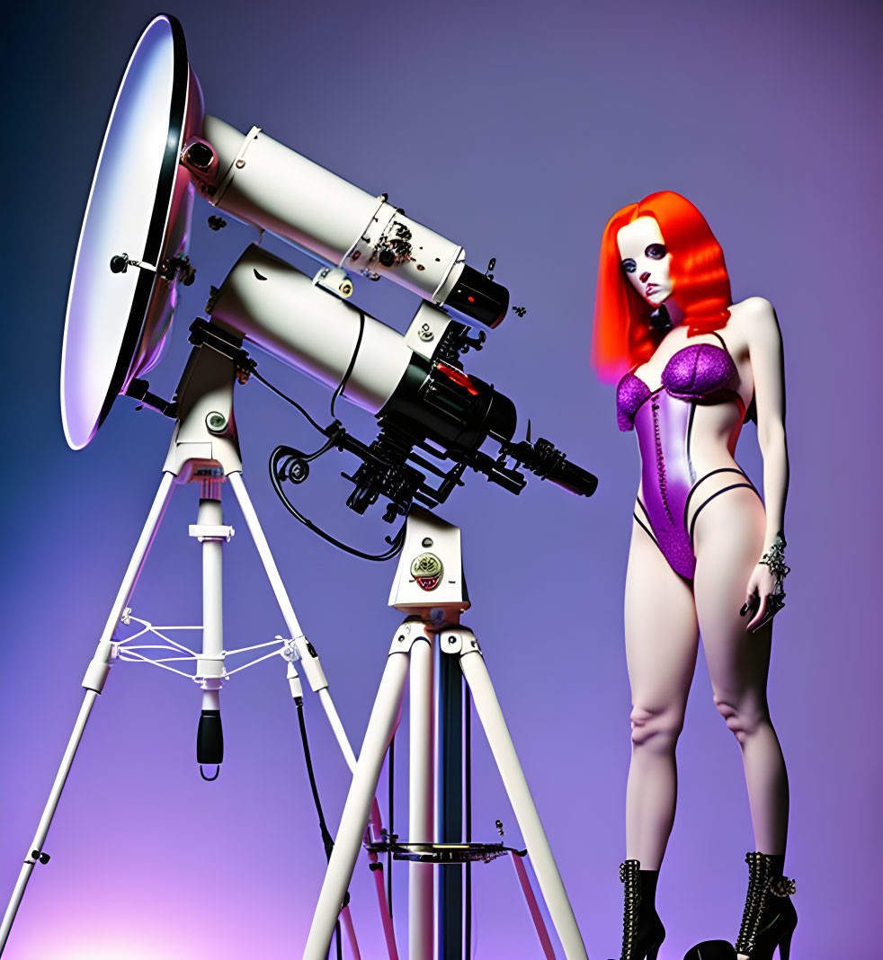 Female Android with Red Hair Beside Telescope on Purple Background