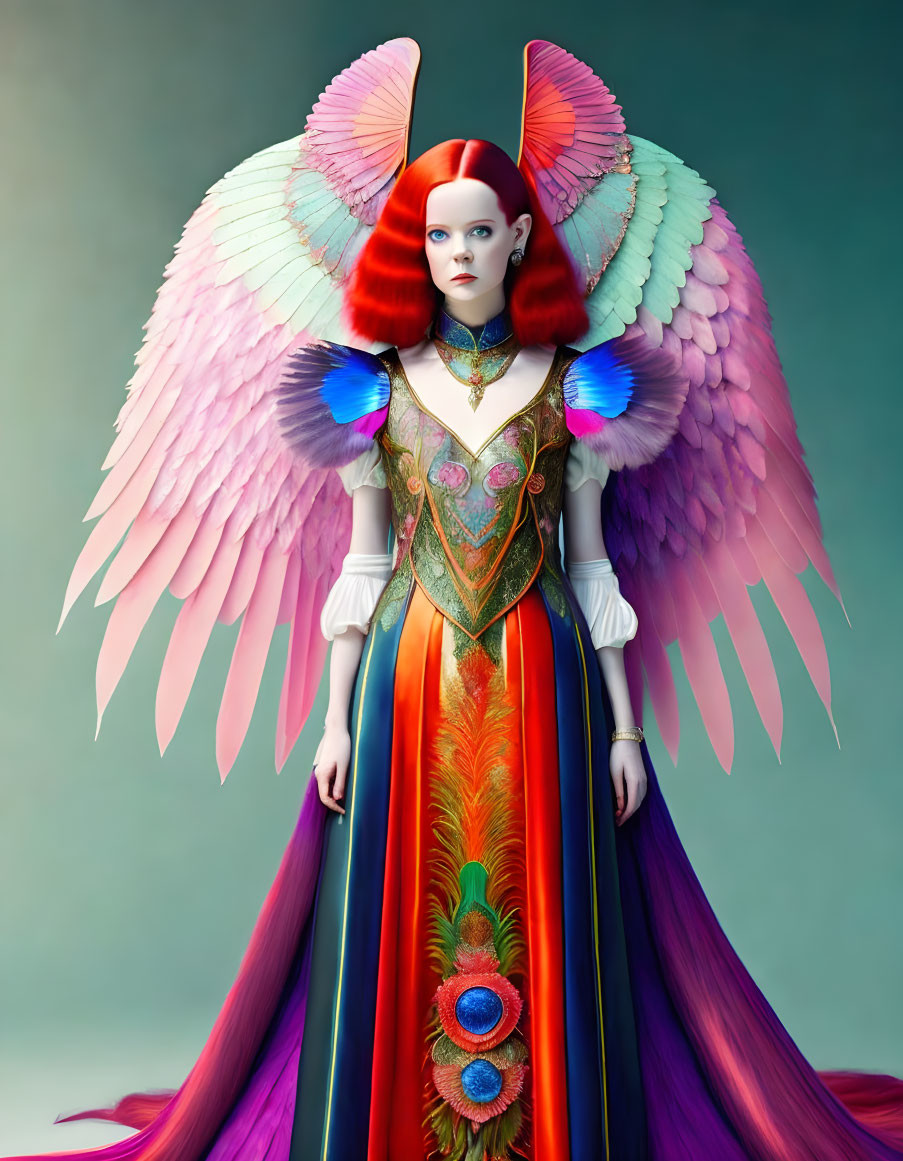 Colorful fantasy wings and peacock feather designs in digital portrait