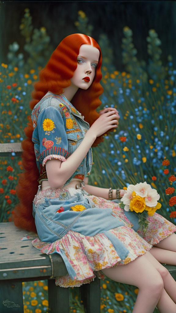 Woman with red hair surrounded by blue flowers holding yellow blossom in floral denim outfit