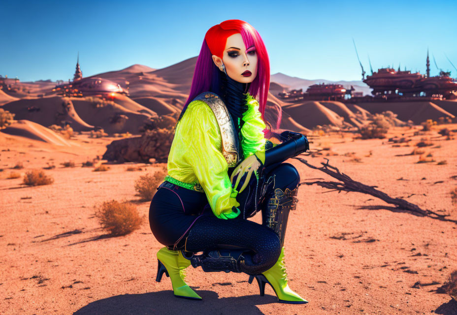 Red-haired person in neon green top crouching in desert with futuristic backdrop