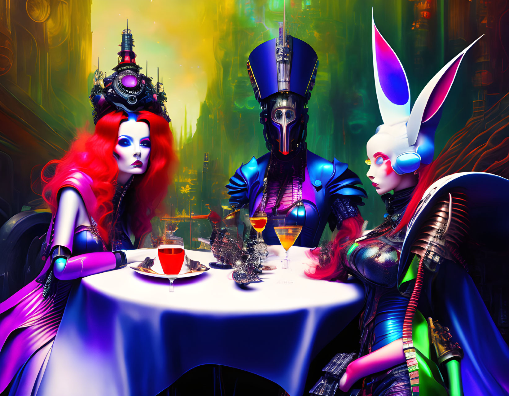 Three futuristic characters in elaborate costumes and hairstyles at a neon-lit cyberpunk table.