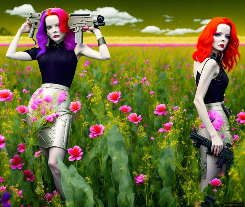Stylized female characters with vibrant hair and futuristic outfits posing in colorful flower field
