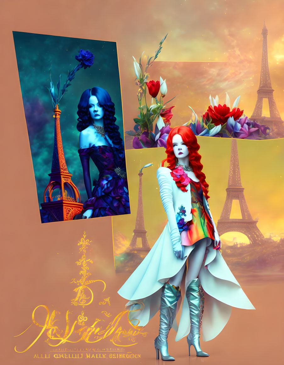 Colorful digital collage featuring stylized women, floral motifs, and Eiffel Tower.