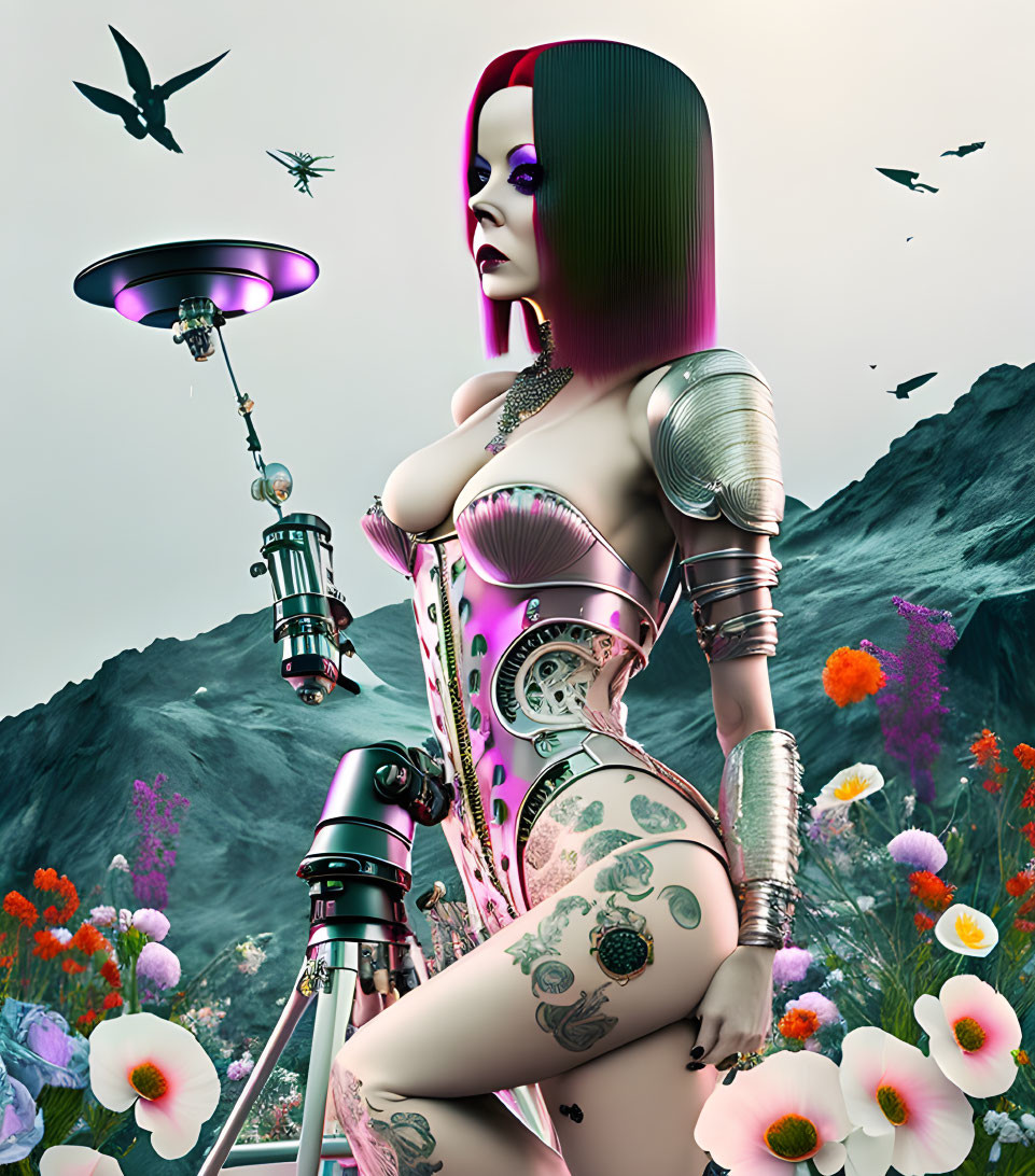 Futuristic cybernetic female figure with mechanical limbs in colorful flora landscape