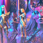 Digital Artwork: Three Futuristic Female Warriors in Ornate Armor