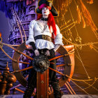 Pirate in skull makeup at ship's wheel with orange feathers and mechanical elements