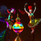 Vibrant punk hairstyles on futuristic female characters with reflective orb in edgy costumes