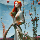 Fantastical illustration of red-haired woman with insect-like wings in a surreal setting