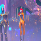Futuristic female figures with cybernetic features and elaborate headdresses in neon-lit fantasy setting