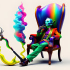 Vibrant image: Rainbow-haired entity and green-bearded figure with cane