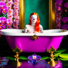 Red-Haired Woman in Pink Bathtub with Purple Flowers and Green Water