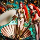 Stylized red-haired female figures in ornate gold attire with brass musical instruments on teal background