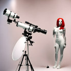 Futuristic female android with red hair by telescope on pink background