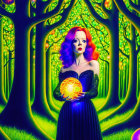 Illustration of woman with vibrant hair holding glowing orb in enchanted forest