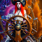 Colorful Pirate Character with Red Hair and Ship Wheel on Detailed Background