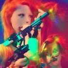 Vibrant image of woman with red hair and futuristic makeup holding stylized gun among vivid flowers on
