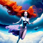 Fantastical illustration of woman with red hair flying among clouds
