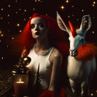 Red-haired woman with candle and goat in front of twinkling lights