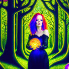 Digital artwork: Woman with purple hair holding glowing orb in enchanted forest