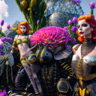 Three women in vibrant hair and fantasy costumes pose with floral and mechanical elements.