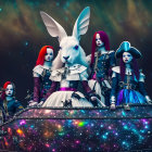 Stylized futuristic individuals and white rabbit on ornate vehicle in starry scene