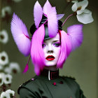 Vibrant pink hair woman with feathers and magenta lipstick in dark outfit among white blossoms