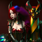 Futuristic female figures with vibrant hair in sci-fi armor