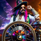 Colorful Pirate Captain Steers Ship's Wheel in Mystical Sky
