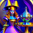 Surreal female figure in gold and blue attire with robotic teapot on table
