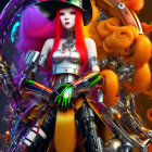Colorful Female Character with Futuristic Armor & Mech-inspired Design