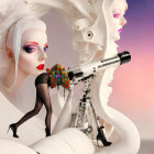 Futuristic female figures with exaggerated makeup and metallic costumes on pastel background
