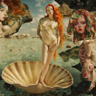 Stylized red-haired mermaid-inspired women with shell in surreal sea landscape