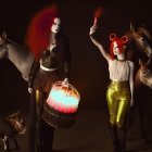 Stylized dolls with animal companions in dramatic lighting