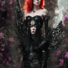 Two women in gothic fantasy attire among vibrant flowers, one with wings and ornate headdress,