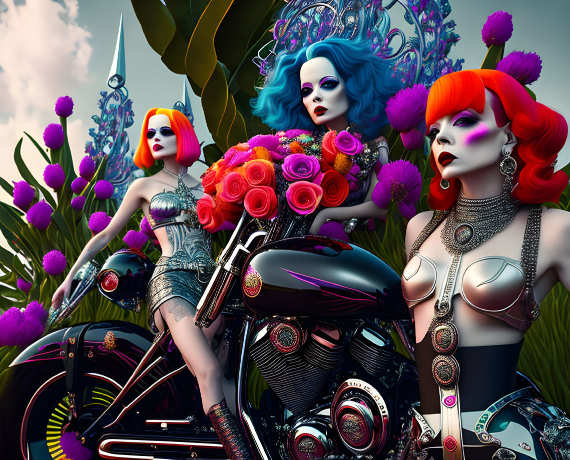 Colorful Stylized Female Characters with Futuristic Motorcycle in Fantasy Setting