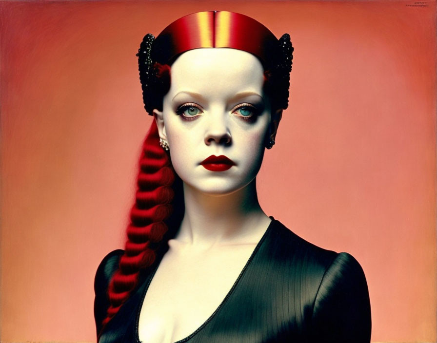 Pale-skinned woman with red lipstick and braided red ponytail in black outfit and red headpiece