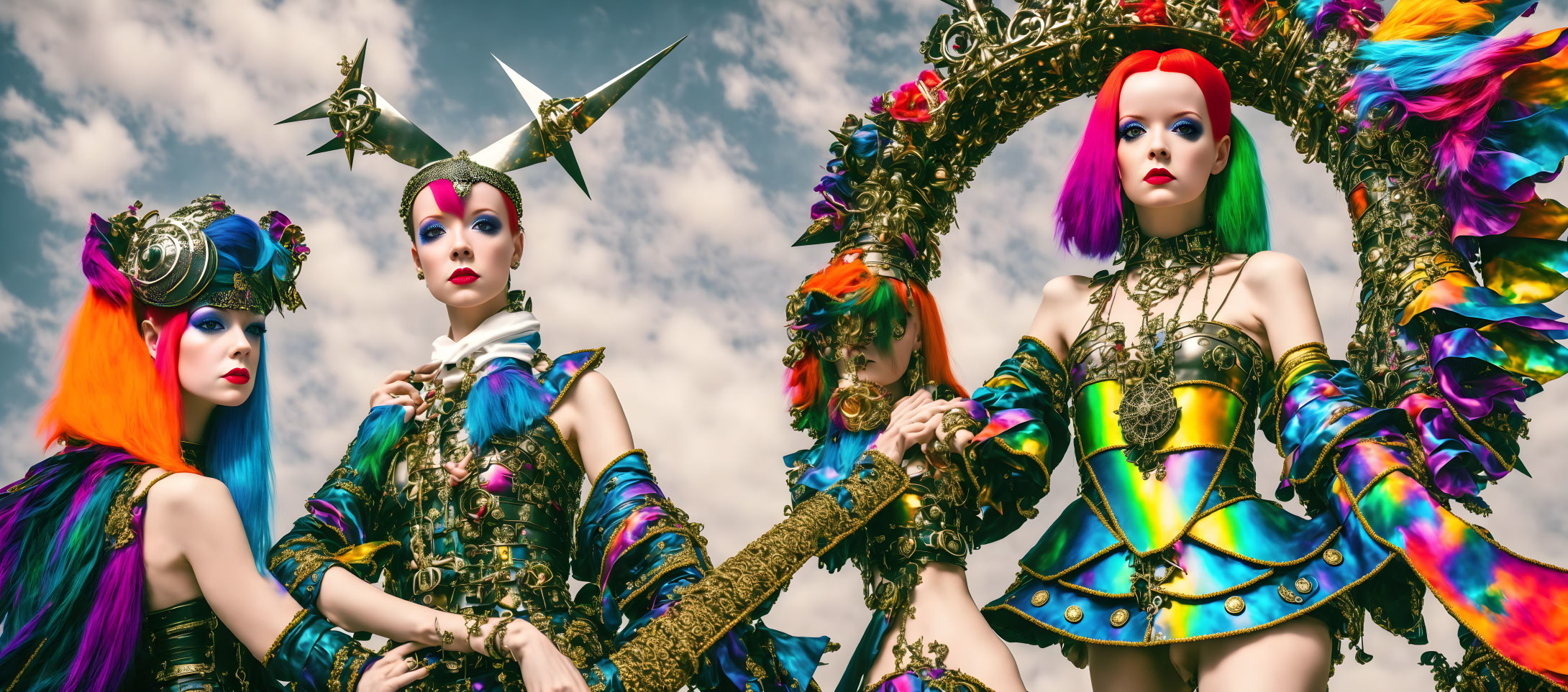 Four models in avant-garde makeup and futuristic costumes with ornate props against cloudy sky